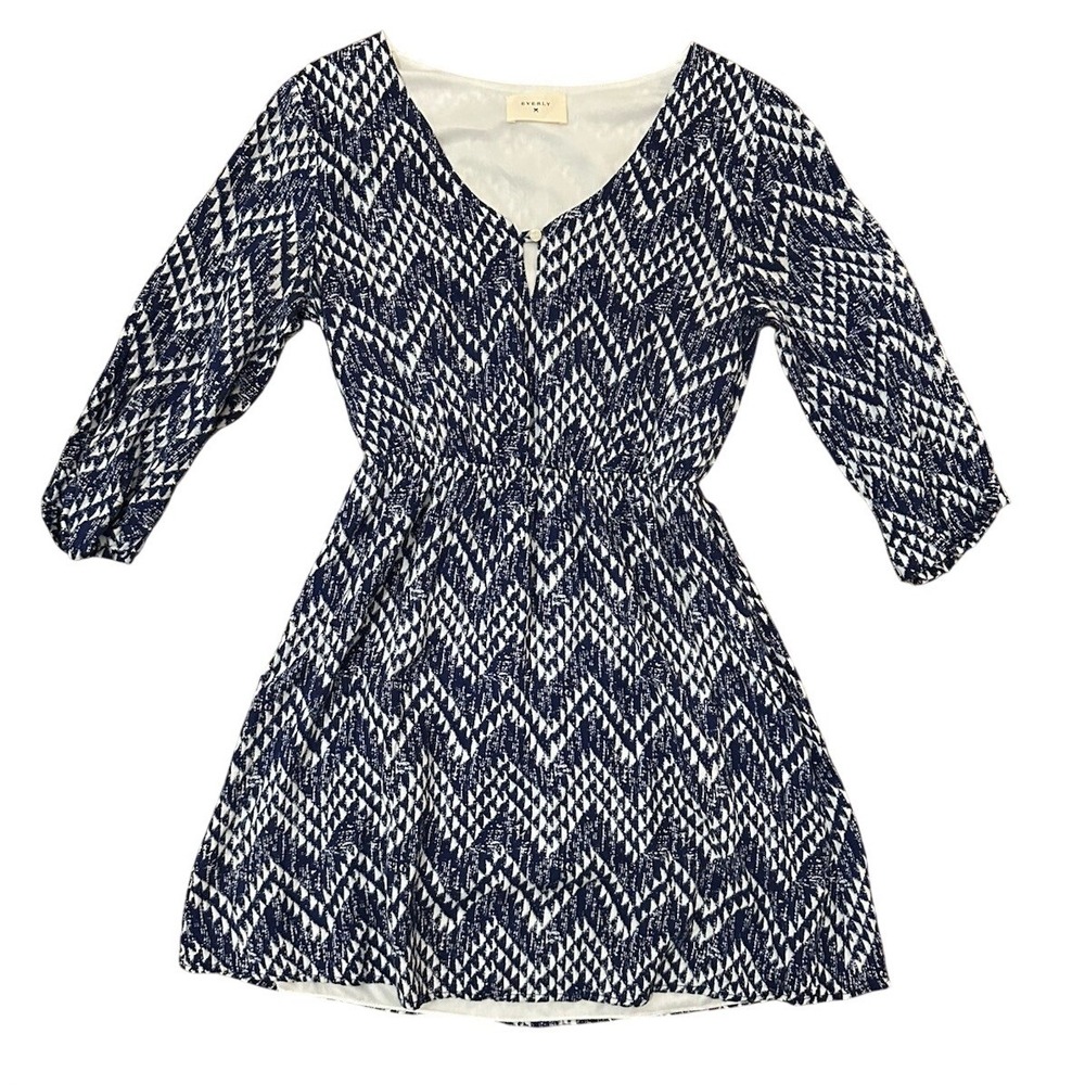 Everly Women's 3/4 Sleeve White & Blue Dress Sz Small